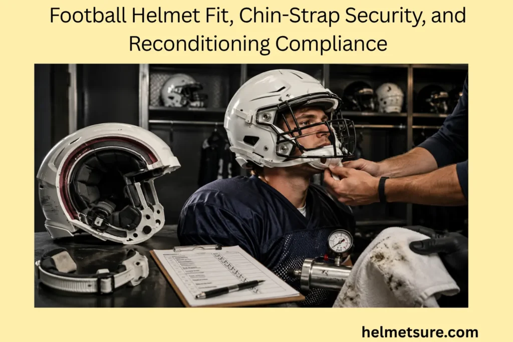 Football player having his chin strap adjusted beside a cutaway helmet, inspection checklist, pressure gauge, and maintenance tools in a locker room.