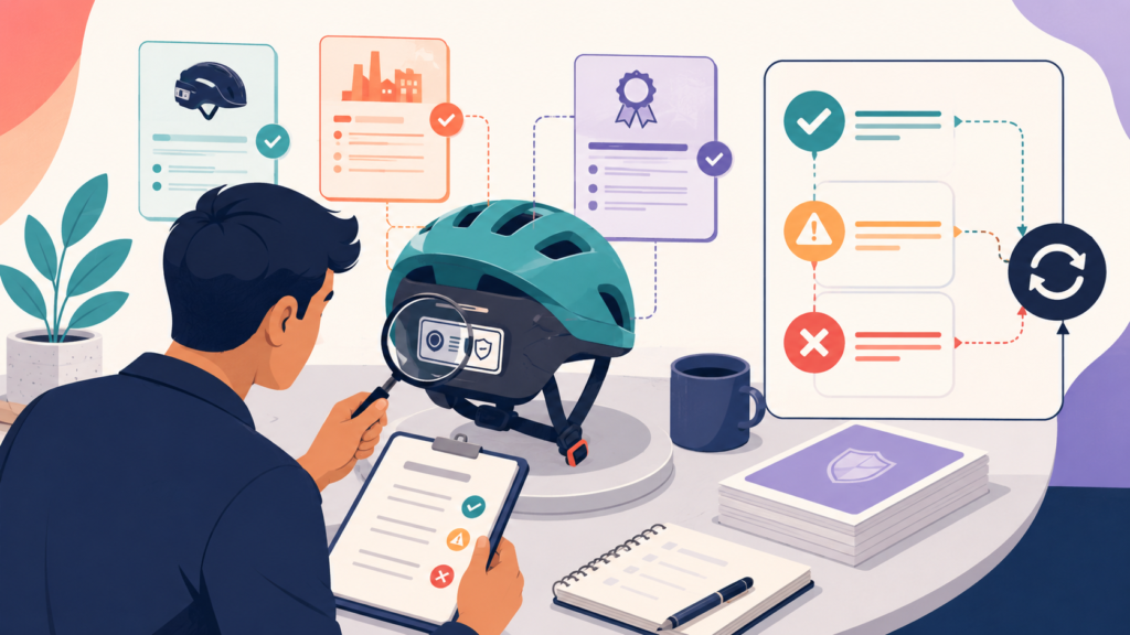 Person verifying a bicycle helmet certification claim by inspecting the helmet label and comparing multiple evidence documents, with pass, warning, fail, and re-check