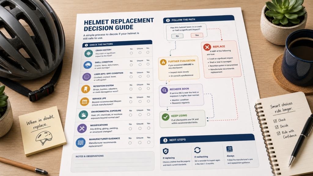 A high-angle, top-down shot shows a printed "Helmet Replacement Decision template"