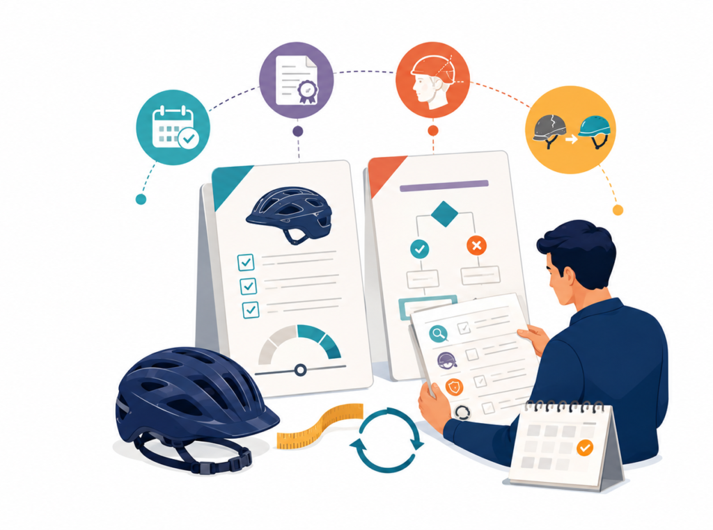An illustration of a man reviewing a safety checklist and calendar while assessing bicycle helmet compliance