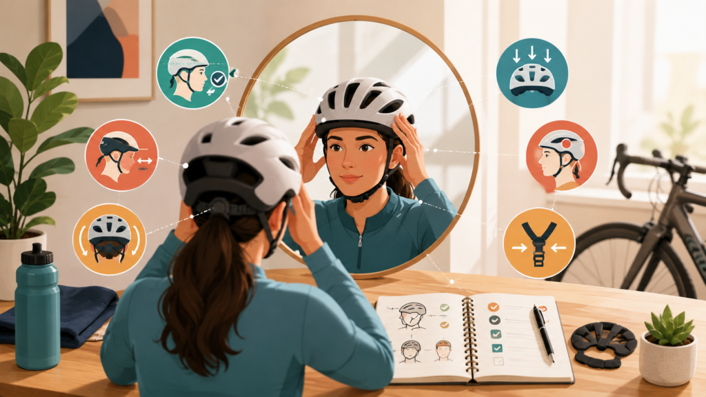 Woman checking bicycle helmet fit in a mirror, with visual indicators for helmet position, movement, pressure points, rear adjustment, and chin-strap stability.