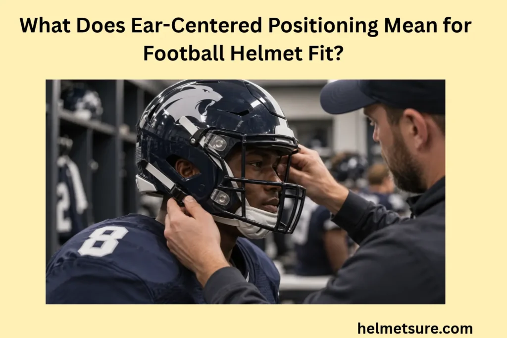 Football player wearing a dark helmet while a coach adjusts the helmet near the ear opening and forehead inside a locker room.