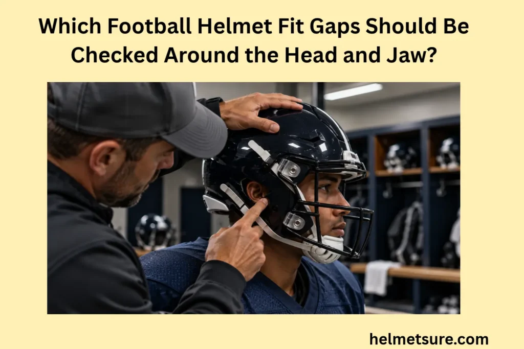 Football player wearing a dark helmet while a coach checks the helmet near the ear opening, side padding, and jaw area in a locker room.
