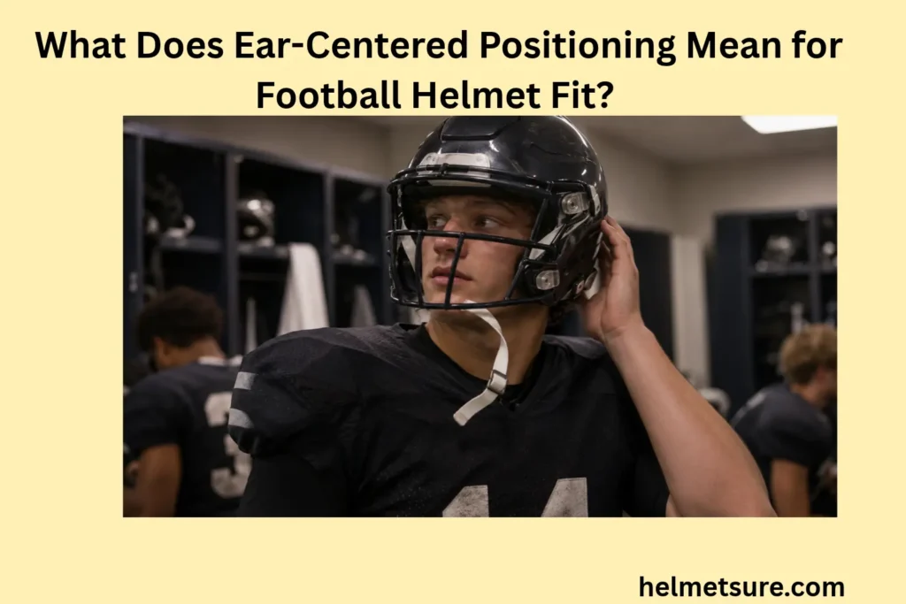 Football player wearing a dark helmet with the chin strap hanging loose beneath the facemask while standing in a locker room.
