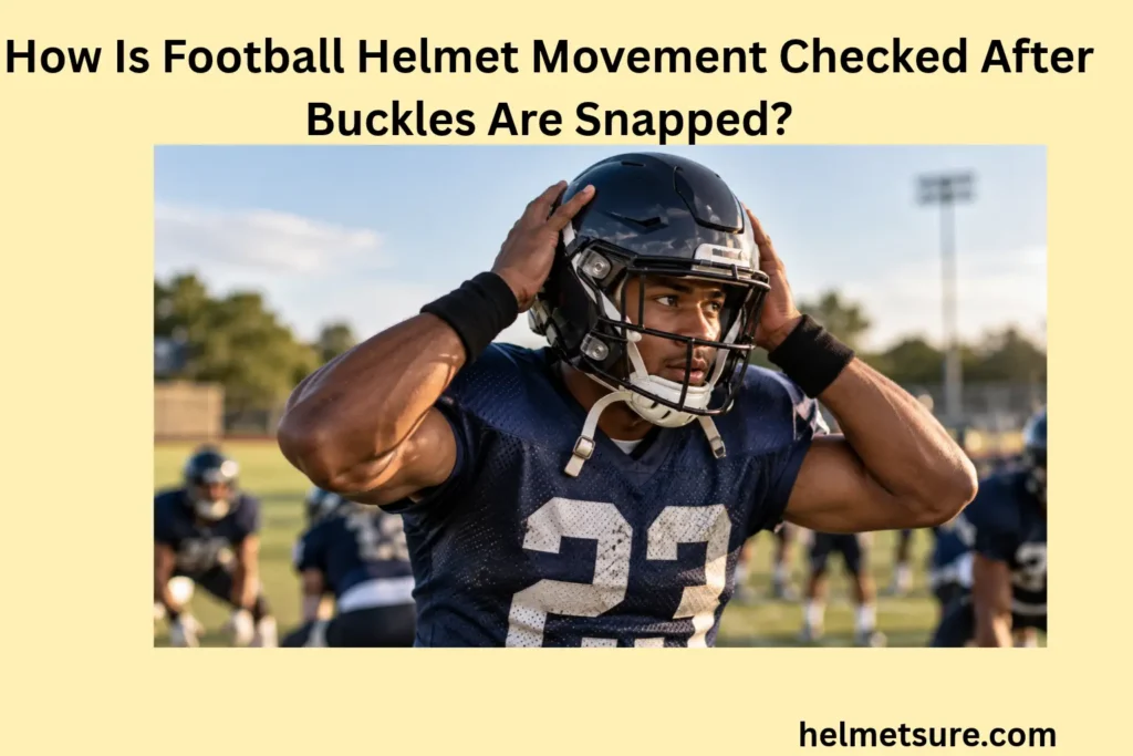 Football player in a dark helmet and navy practice jersey holding both sides of the helmet while checking its position on an outdoor football field.