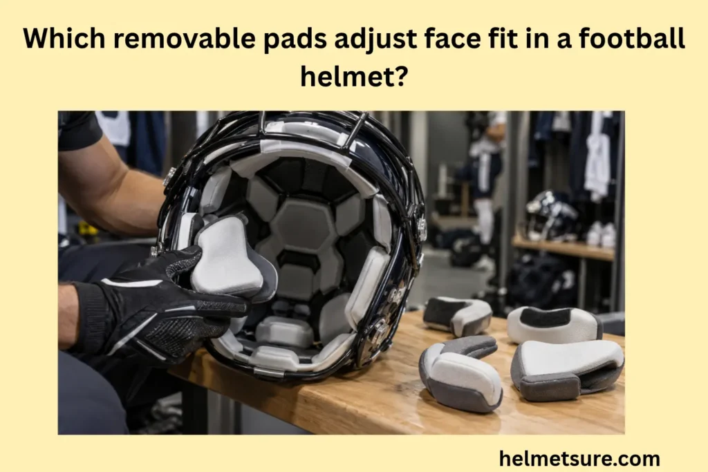 Open football helmet showing interior padding while a gloved hand holds a removable face-fit pad, with additional pads placed on a wooden bench.