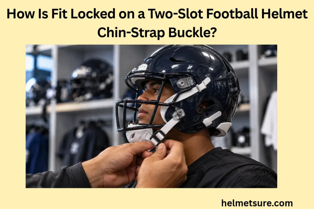 Close-up of a football player wearing a dark helmet while another person adjusts a white chin strap through a black two-slot buckle beneath the jaw.