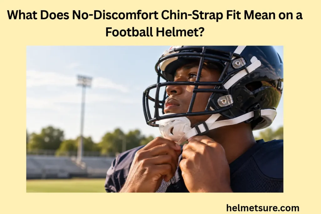 Football player wearing a dark helmet and navy jersey while adjusting the white chin cup and strap beneath his jaw on an outdoor football field.